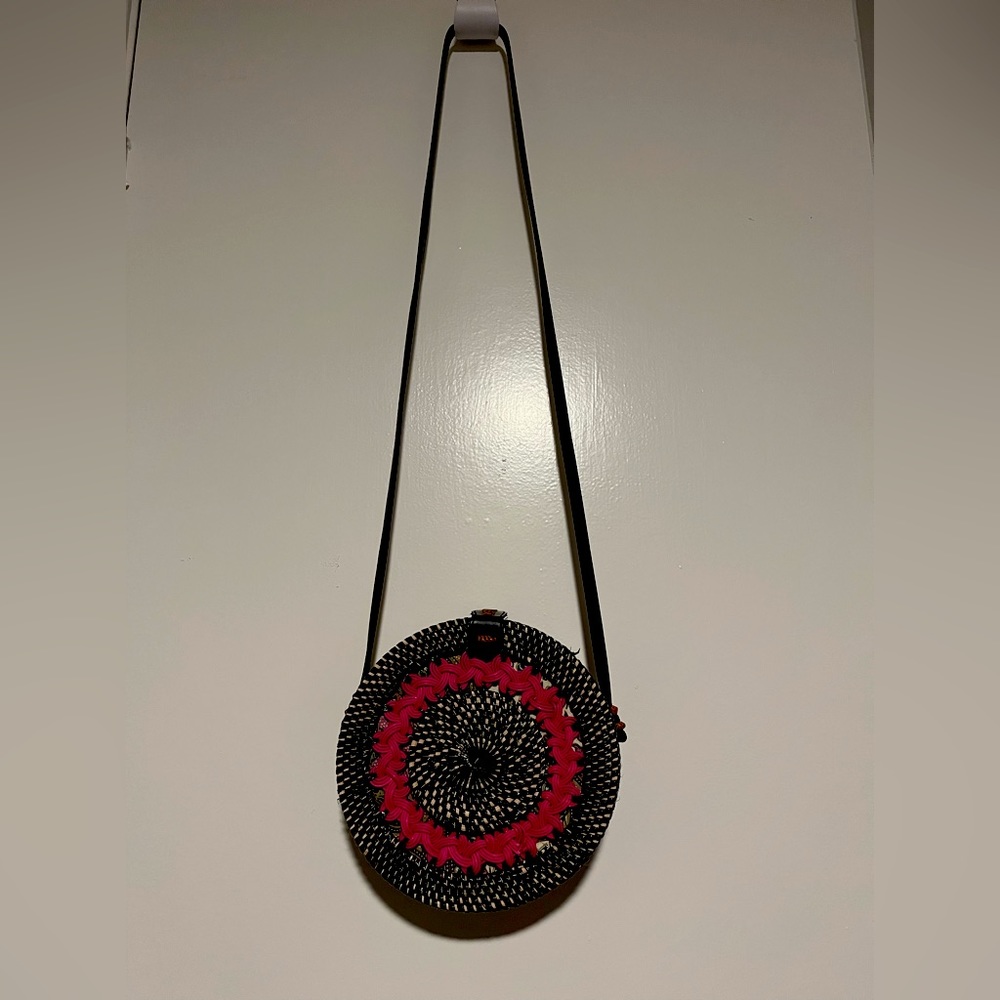 Handwoven Round Rattan Bag Shoulder Leather Straps